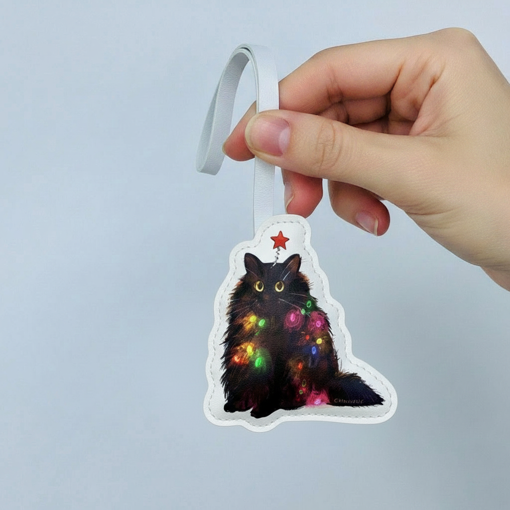 Christmas Black Cat Leather Bag Charm – Festive Kitty Keychain Gift for Cat Lovers – Handmade Animal Purse Keychain Accessory for Tote & Handbag