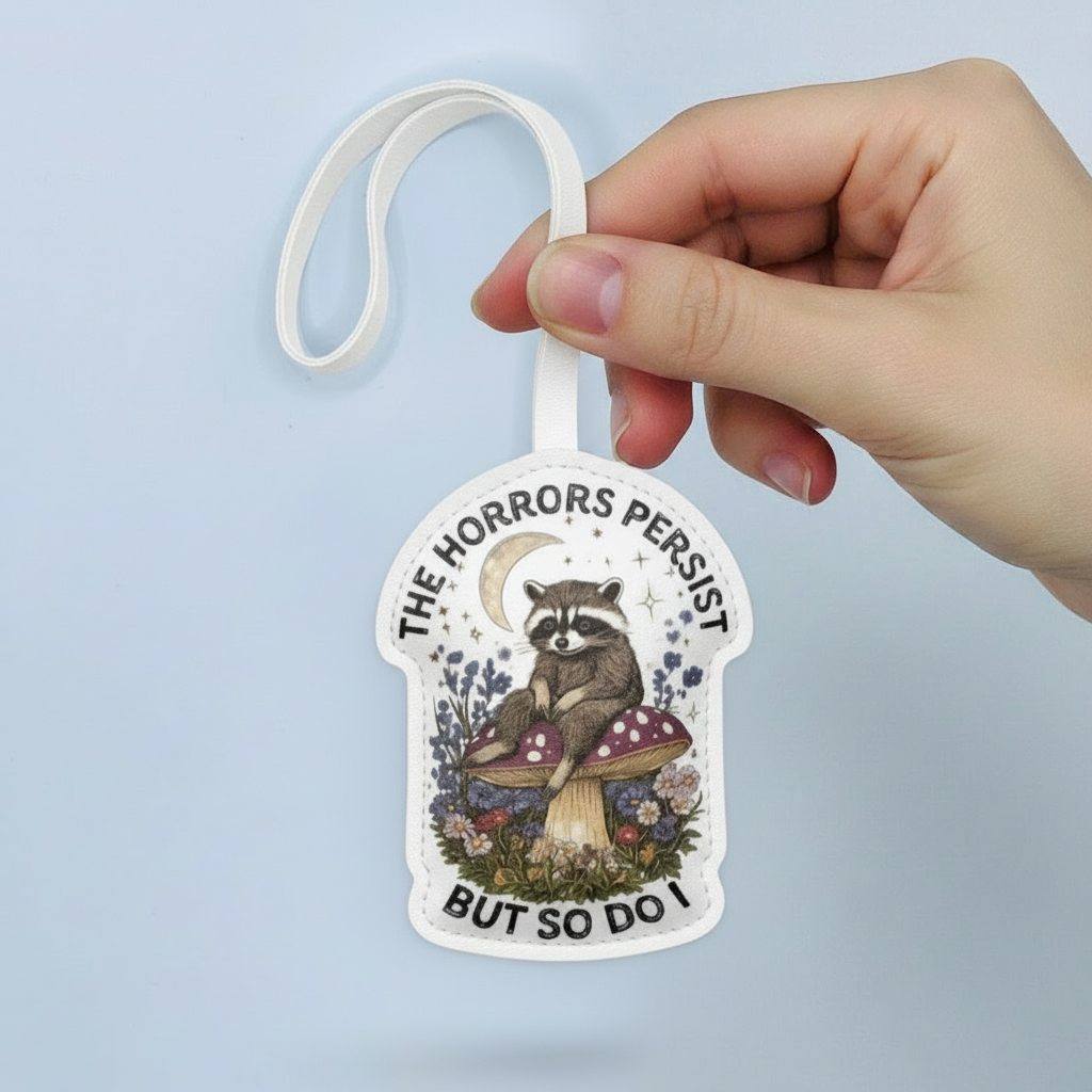 Raccoon Leather Bag Charm – “The Horrors Persist But So Do I” Gothic Keychain Gift – Handmade Animal Purse Keychain Accessory for Tote & Handbag