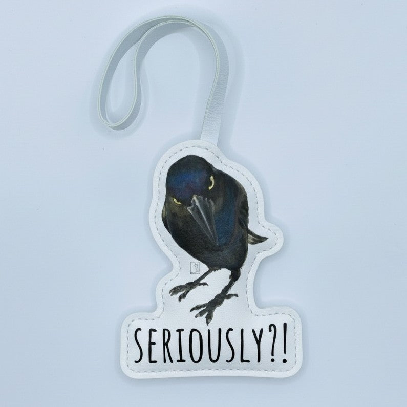 Gothic Crow Leather Bag Charm – Funny “Seriously?!” Bird Keychain Gift – Handmade Animal Purse Keychain Accessory for Tote & Handbag