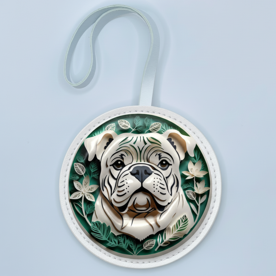 White Bulldog Leather Bag Charm – Handmade Animal Purse Keychain Accessory for Tote & Handbags