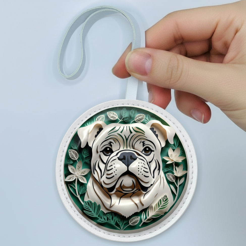White Bulldog Leather Bag Charm – Handmade Animal Purse Keychain Accessory for Tote & Handbags