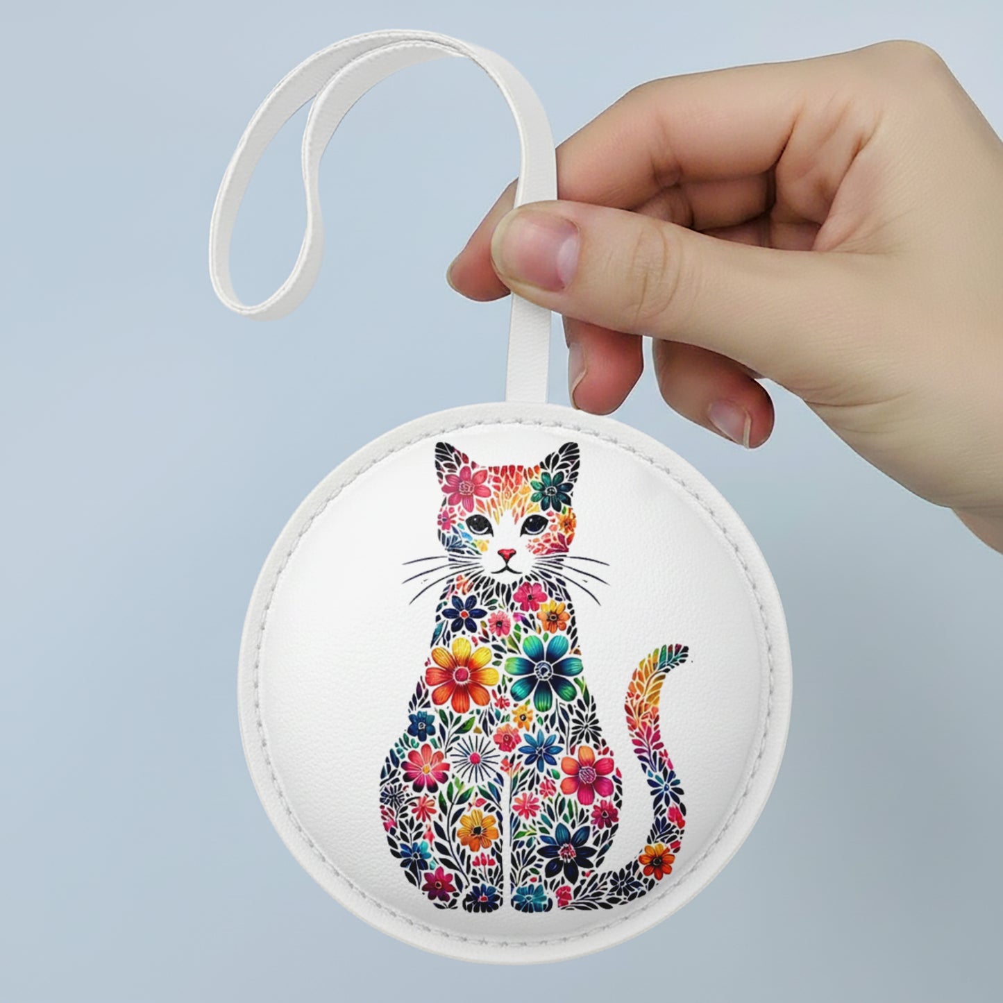 Colorful Floral Cat Bag Charm – Cute Cat Lover Gift, Handmade Vegan Leather Keychain