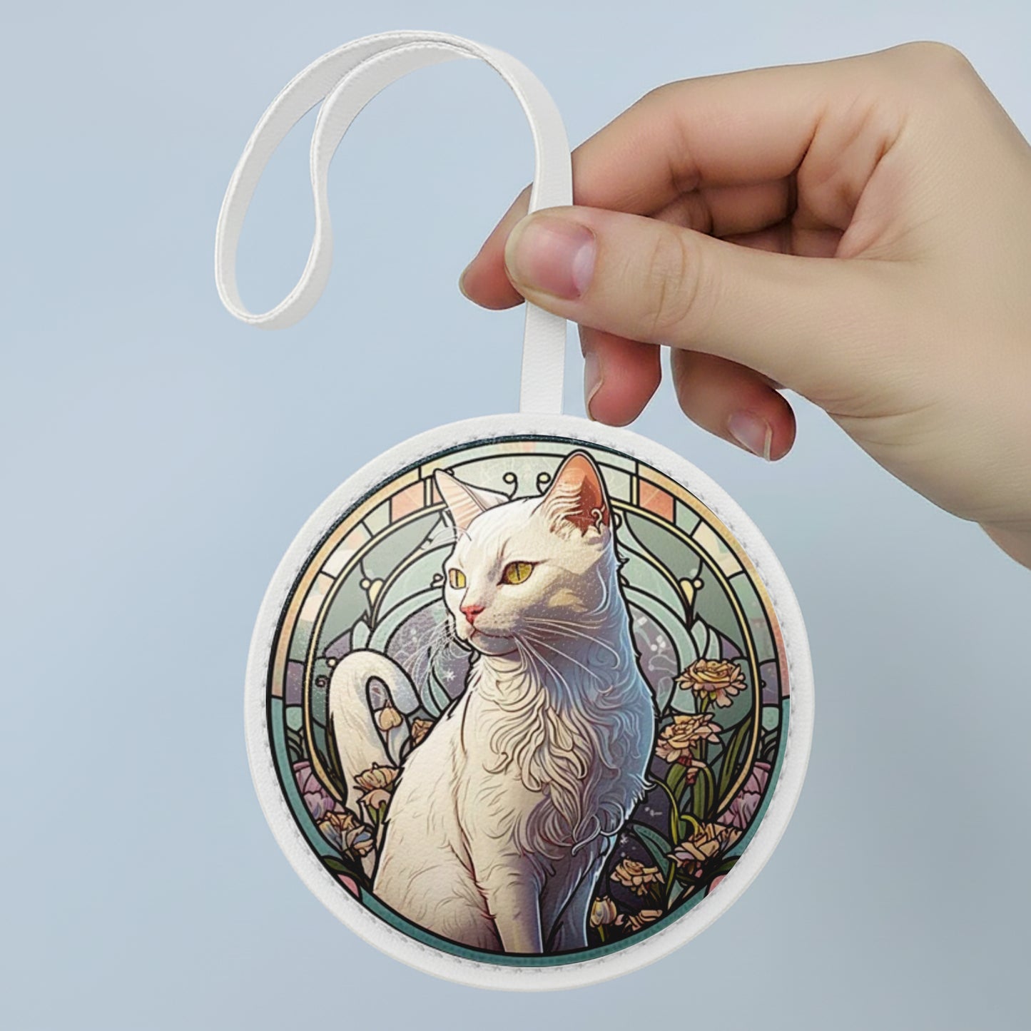 White Cat Bag Charm with Stained Glass Art – Elegant Cat Lover Gift, Handmade Leather Keychain