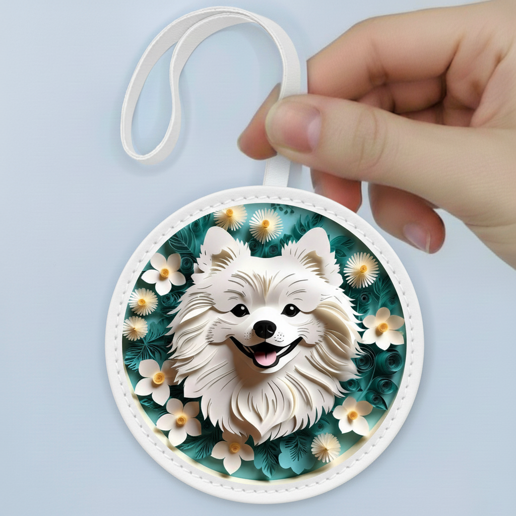 Fluffy Pomeranian Bag Charm – Cute White Dog Leather Keychain for Pet Owners