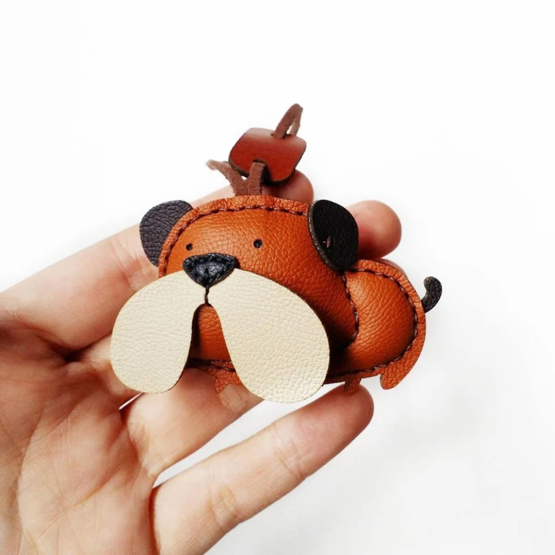 Bull Dog Leather Bag Charm – Handmade Animal Purse Keychain Accessory for Tote & Handbags