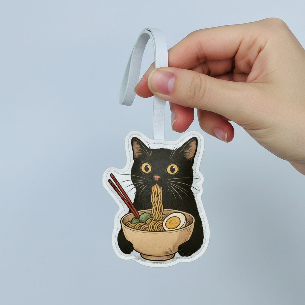 Funny Ramen Cat Bag Charm – Handmade Leather Keychain for Anime & Noodle Fans – Handmade Animal Purse Keychain Accessory for Tote & Handbag
