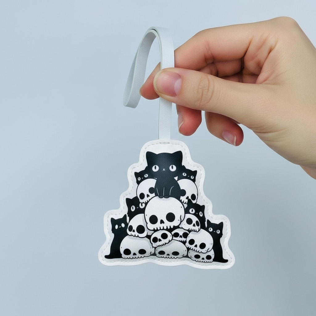 Cute Gothic Cat Bag Charm – Handmade Leather Kitty with Skulls Keychain – Handmade Animal Purse Keychain Accessory for Tote & Handbag
