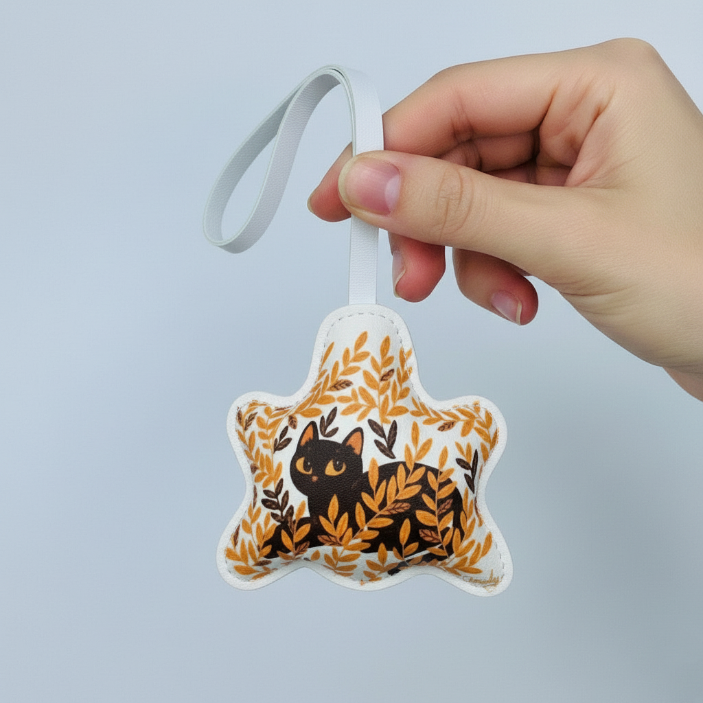 Cozy Fall Cat Bag Charm – Handmade Leather Keychain with Autumn Leaf Design – Handmade Animal Purse Keychain Accessory for Tote & Handbag
