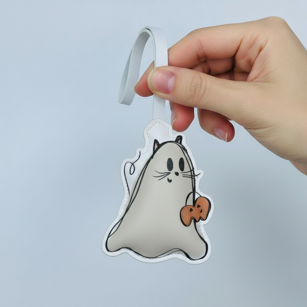Kawaii Ghost Cat Bag Charm – Handmade Leather Halloween Keychain with Pumpkin – Handmade Animal Purse Keychain Accessory for Tote & Handbag
