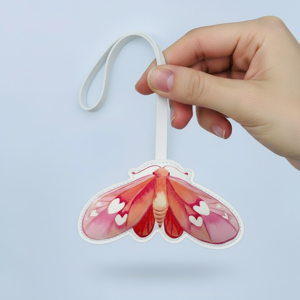 Romantic Moth Bag Charm – Handmade Leather Keychain with Pink Heart Design– Handmade Animal Purse Keychain Accessory for Tote & Handbag