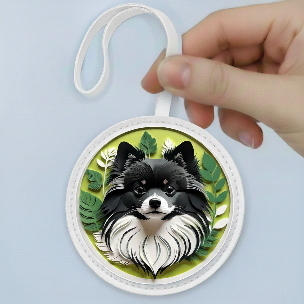 Pomeranian Lover Gift – Black Pom Dog Bag Charm with Leafy Design