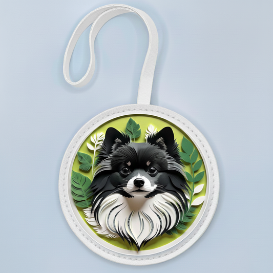Pomeranian Lover Gift – Black Pom Dog Bag Charm with Leafy Design