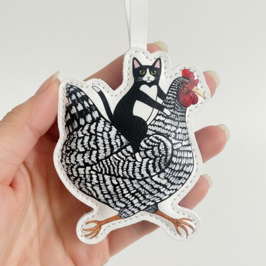 Cat Riding Chicken Bag Charm – Handmade Leather Holiday Keychain Gift Idea – Handmade Animal Purse Keychain Accessory for Tote & Handbag