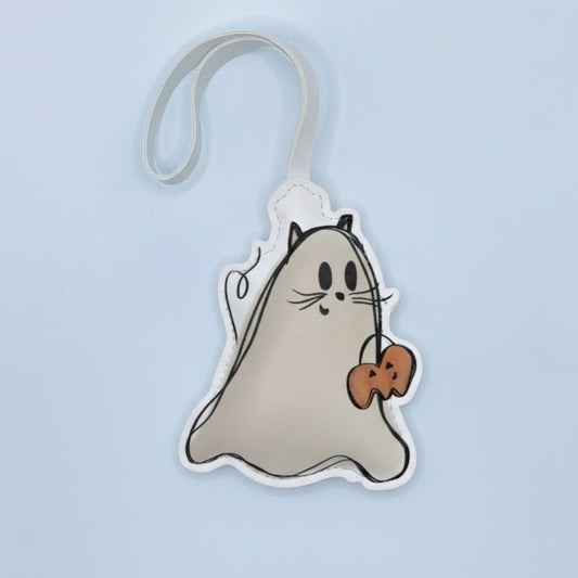 Kawaii Ghost Cat Bag Charm – Handmade Leather Halloween Keychain with Pumpkin – Handmade Animal Purse Keychain Accessory for Tote & Handbag