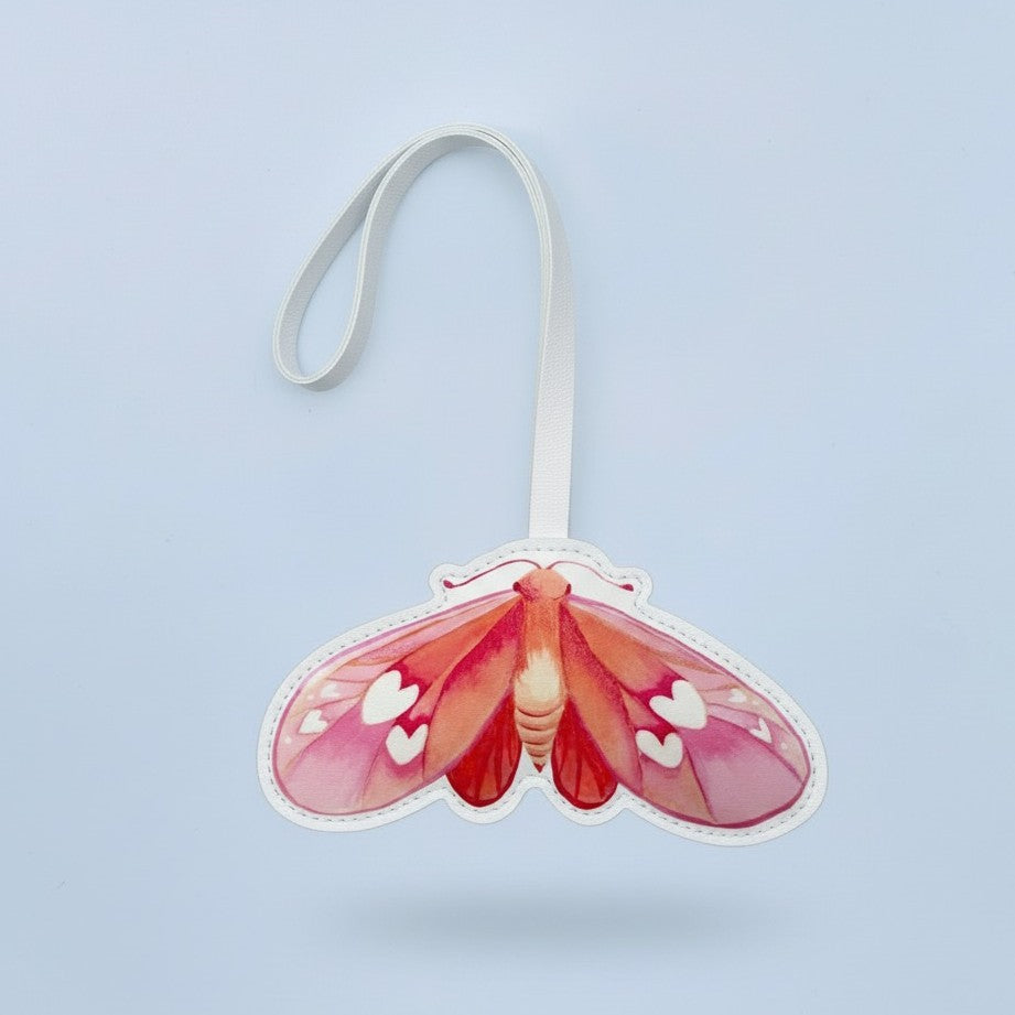 Romantic Moth Bag Charm – Handmade Leather Keychain with Pink Heart Design– Handmade Animal Purse Keychain Accessory for Tote & Handbag
