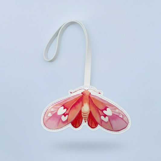 Romantic Moth Bag Charm – Handmade Leather Keychain with Pink Heart Design– Handmade Animal Purse Keychain Accessory for Tote & Handbag