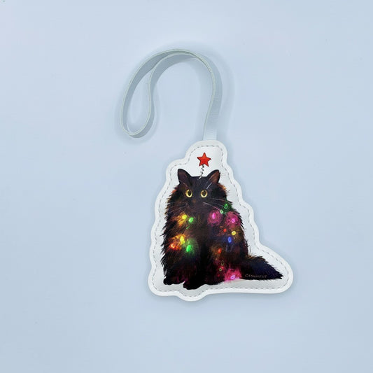 Christmas Black Cat Leather Bag Charm – Festive Kitty Keychain Gift for Cat Lovers – Handmade Animal Purse Keychain Accessory for Tote & Handbag