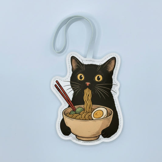 Funny Ramen Cat Bag Charm – Handmade Leather Keychain for Anime & Noodle Fans – Handmade Animal Purse Keychain Accessory for Tote & Handbag