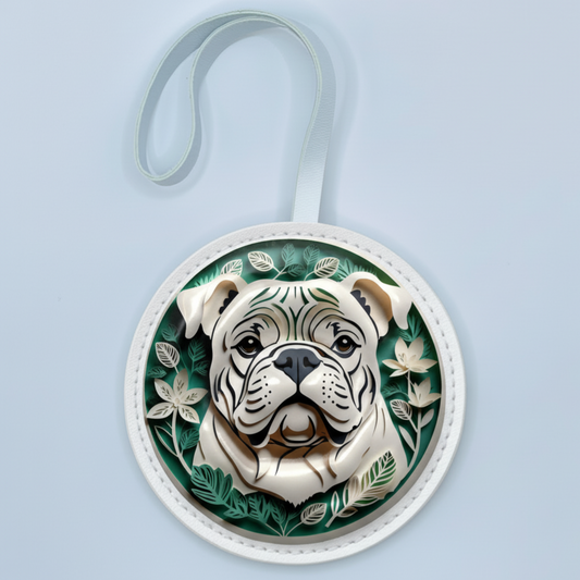 White Bulldog Leather Bag Charm – Handmade Animal Purse Keychain Accessory for Tote & Handbags