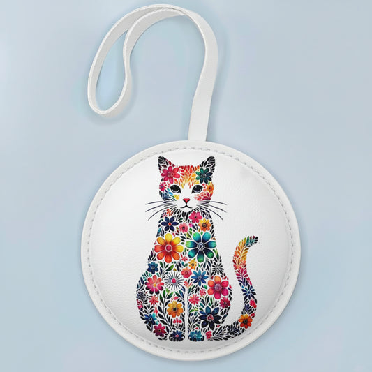 Colorful Floral Cat Bag Charm – Cute Cat Lover Gift, Handmade Vegan Leather Keychain