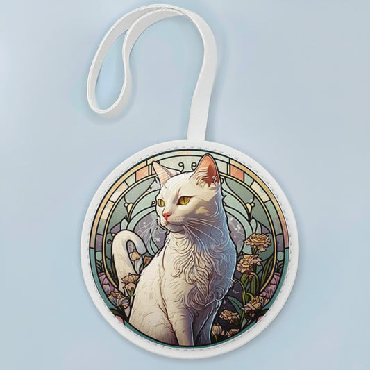 White Cat Bag Charm with Stained Glass Art – Elegant Cat Lover Gift, Handmade Leather Keychain