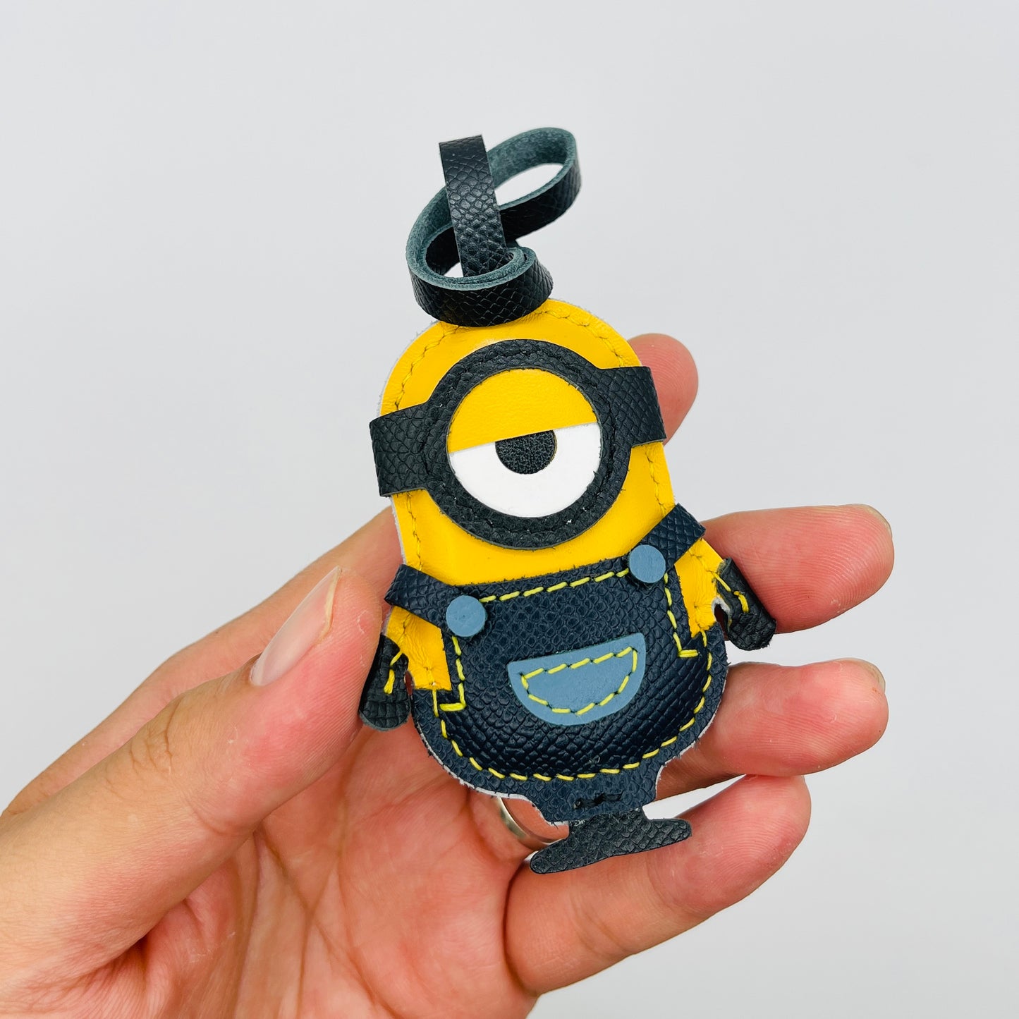Yellow Cartoon Character Bag Charm – Handmade Leather Keychain Gift – Handmade Animal Purse Keychain Accessory for Tote & Handbag