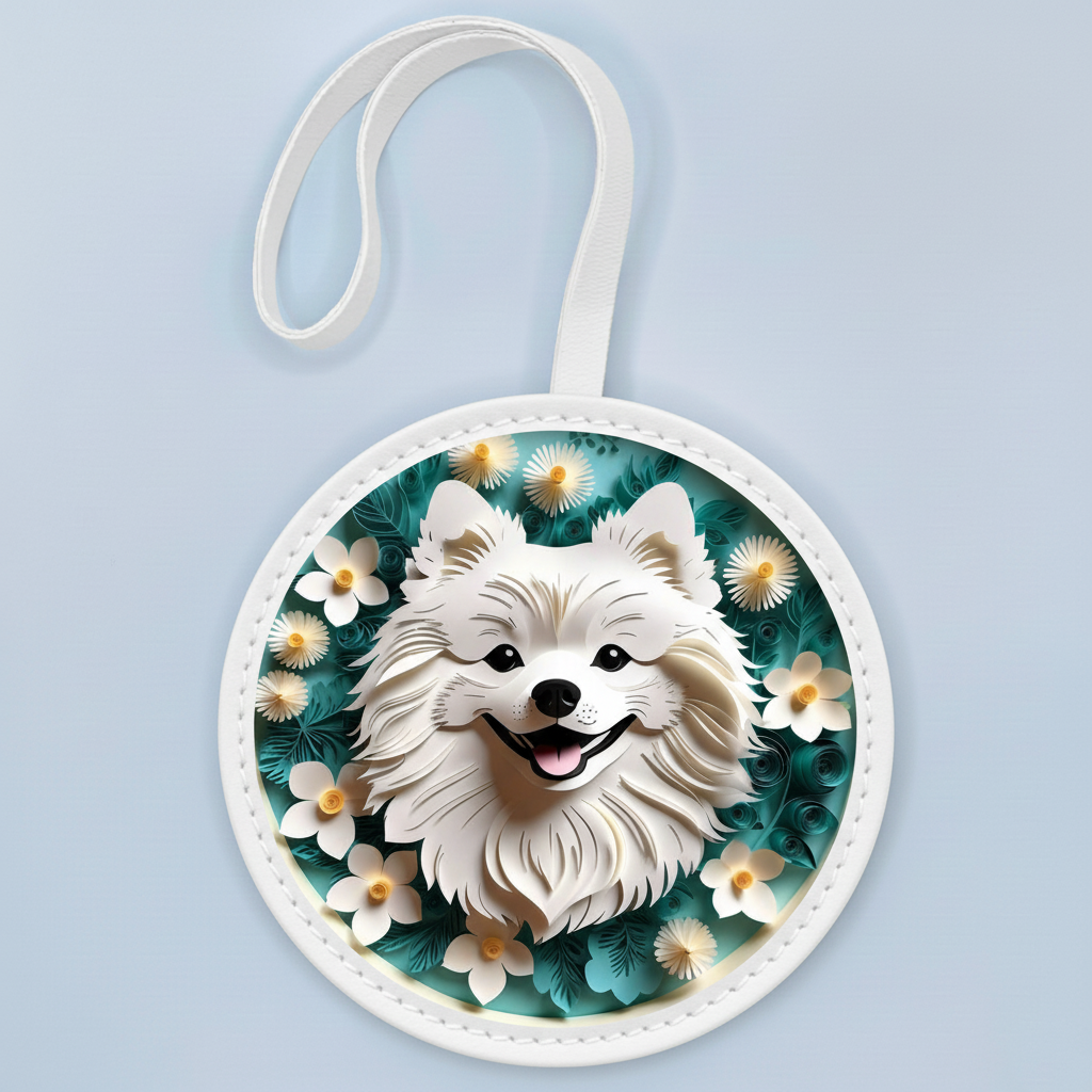 Fluffy Pomeranian Bag Charm – Cute White Dog Leather Keychain for Pet Owners