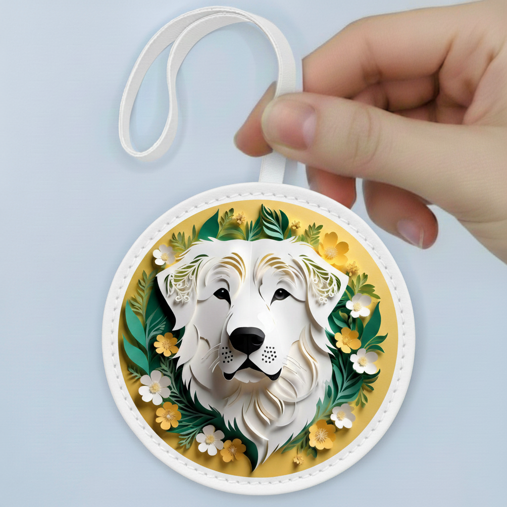 White Pyrenean Dog Bag Charm – Fluffy Great Pyrenees Leather Keychain for Owners