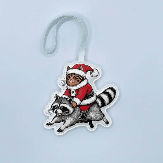 Unique Christmas Leather Bag Charm – Santa Cat & Raccoon Keychain Gift Idea – Handmade Animal Purse Keychain Accessory for Tote & Handbag