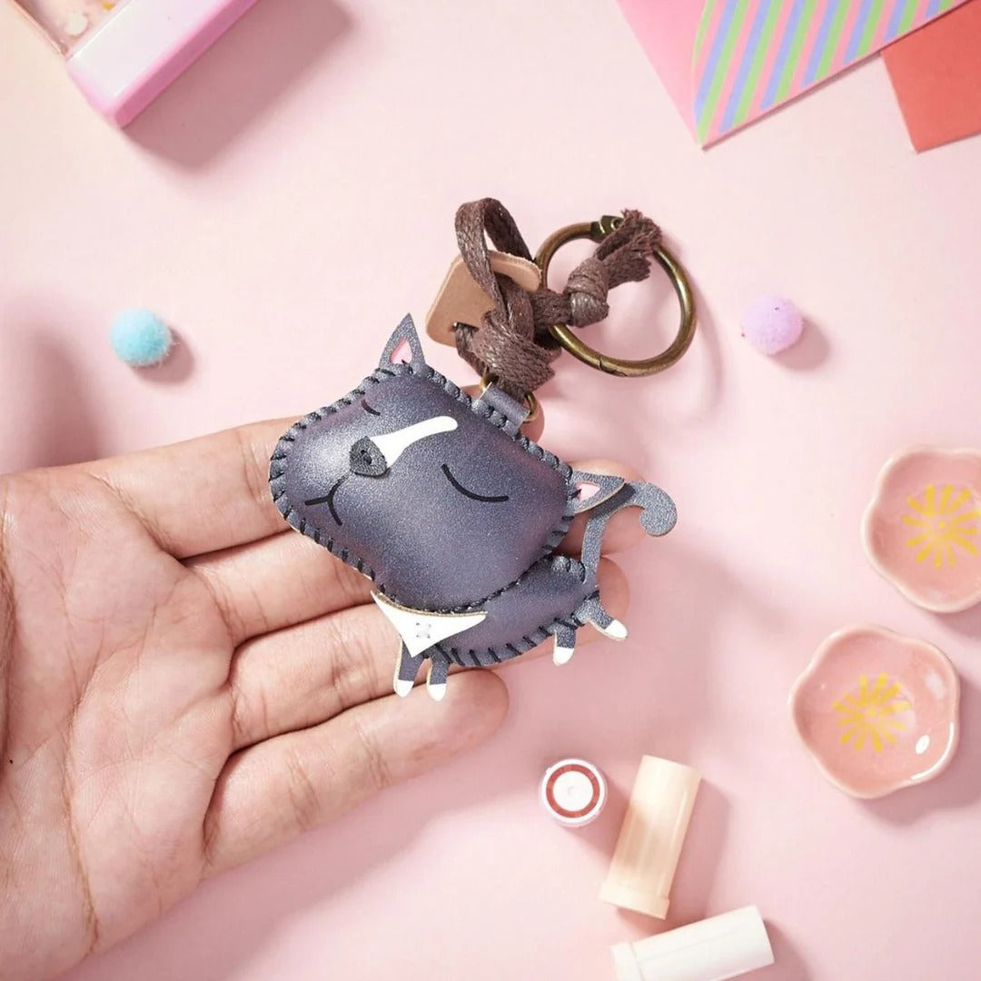 British Blue Leather Bag Charm – Handmade Animal Purse Keychain Accessory for Tote & Handbags