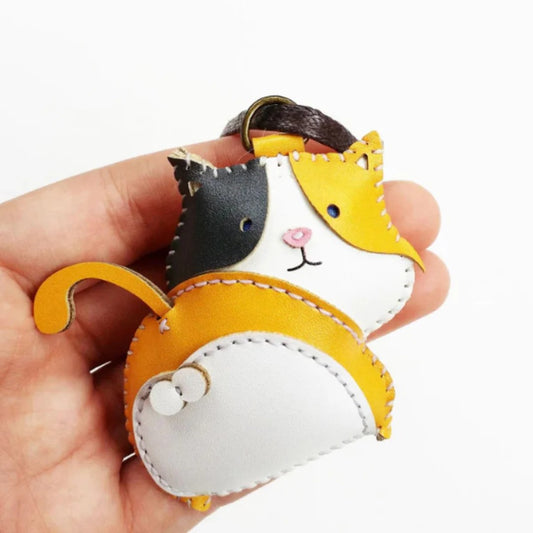 Calico Cat Leather Bag Charm – Handmade Animal Purse Keychain Accessory for Tote & Handbags