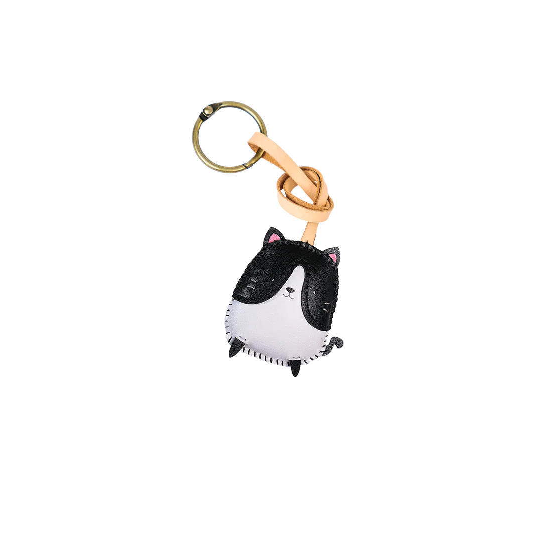 Tuxedo Cat Leather Bag Charm – Handmade Animal Purse Keychain Accessory for Tote & Handbags