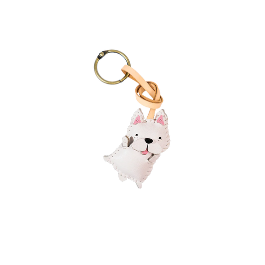 White Maltese Leather Bag Charm – Handmade Animal Purse Keychain Accessory for Tote & Handbags