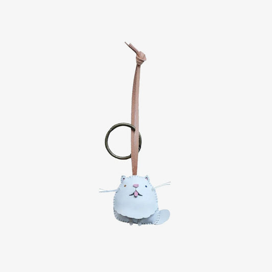 White Cat Leather Bag Charm – Handmade Animal Purse Keychain Accessory for Tote & Handbags