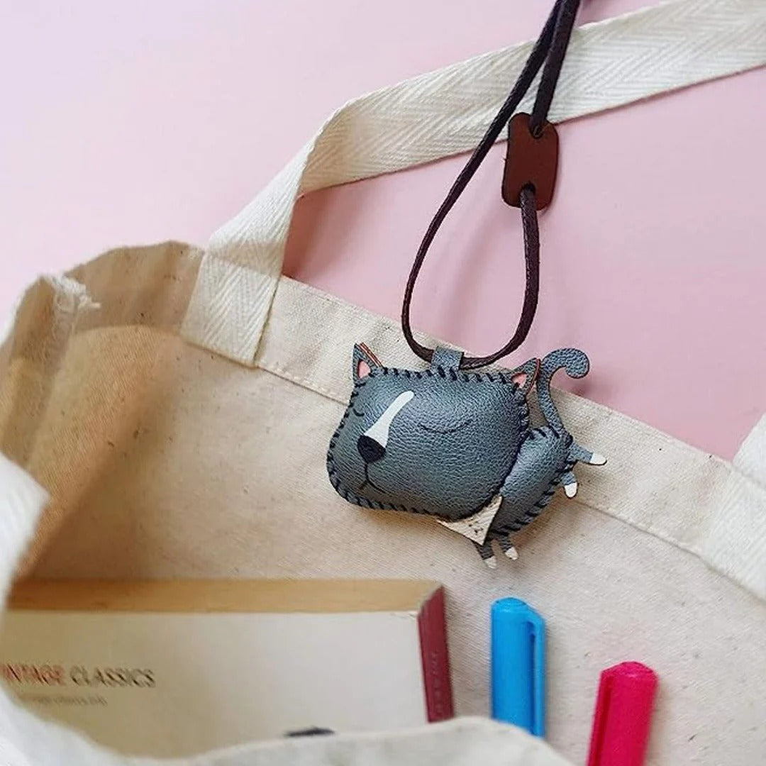 British Blue Leather Bag Charm – Handmade Animal Purse Keychain Accessory for Tote & Handbags