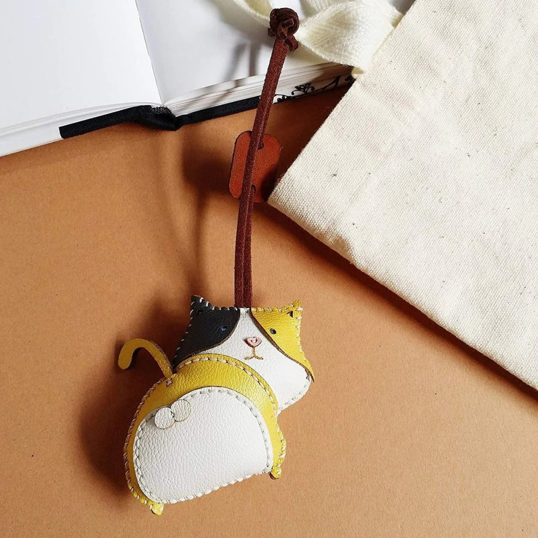 Calico Cat Leather Bag Charm – Handmade Animal Purse Keychain Accessory for Tote & Handbags
