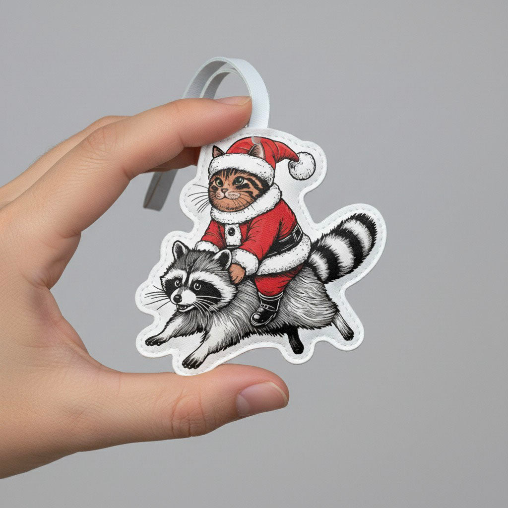 Unique Christmas Leather Bag Charm – Santa Cat & Raccoon Keychain Gift Idea – Handmade Animal Purse Keychain Accessory for Tote & Handbag