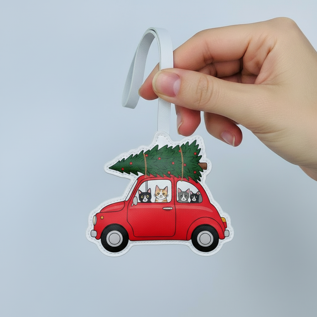 Funny Holiday Cat Bag Charm – Christmas Tree Car Leather Keychain for Pet Moms– Handmade Animal Purse Keychain Accessory for Tote & Handbag