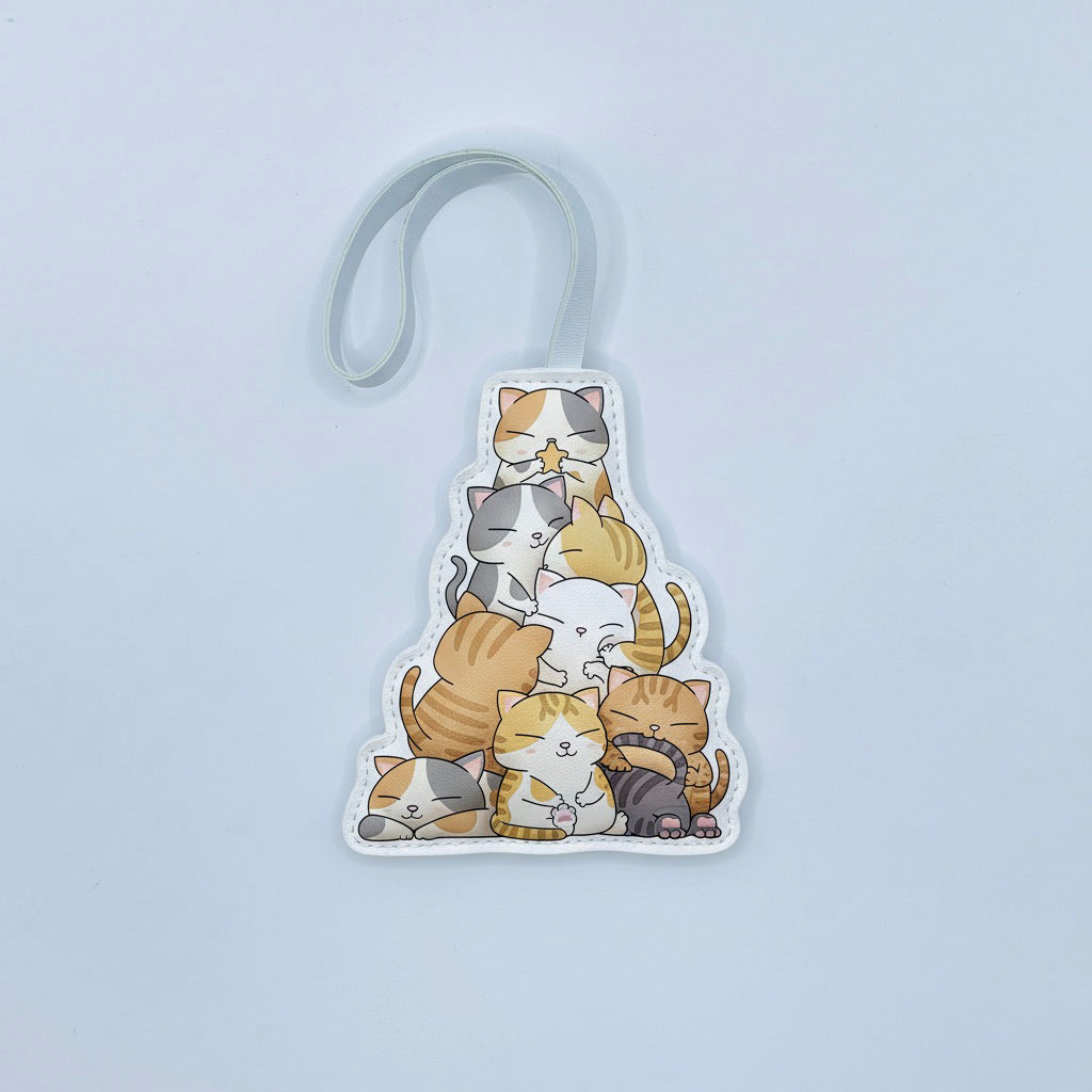 Holiday Cat Lover Gift – Cute Cat Pile Christmas Tree Leather Bag Charm – Handmade Animal Purse Keychain Accessory for Tote & Handbag